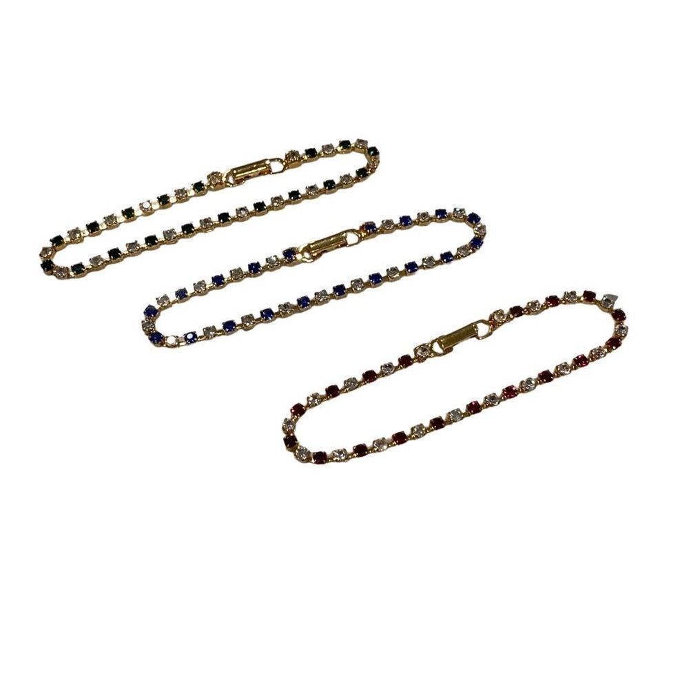 Set of 3 Bracelets Costume Jewelry Ruby Emerald Sapphire Rhinestones Gold Look